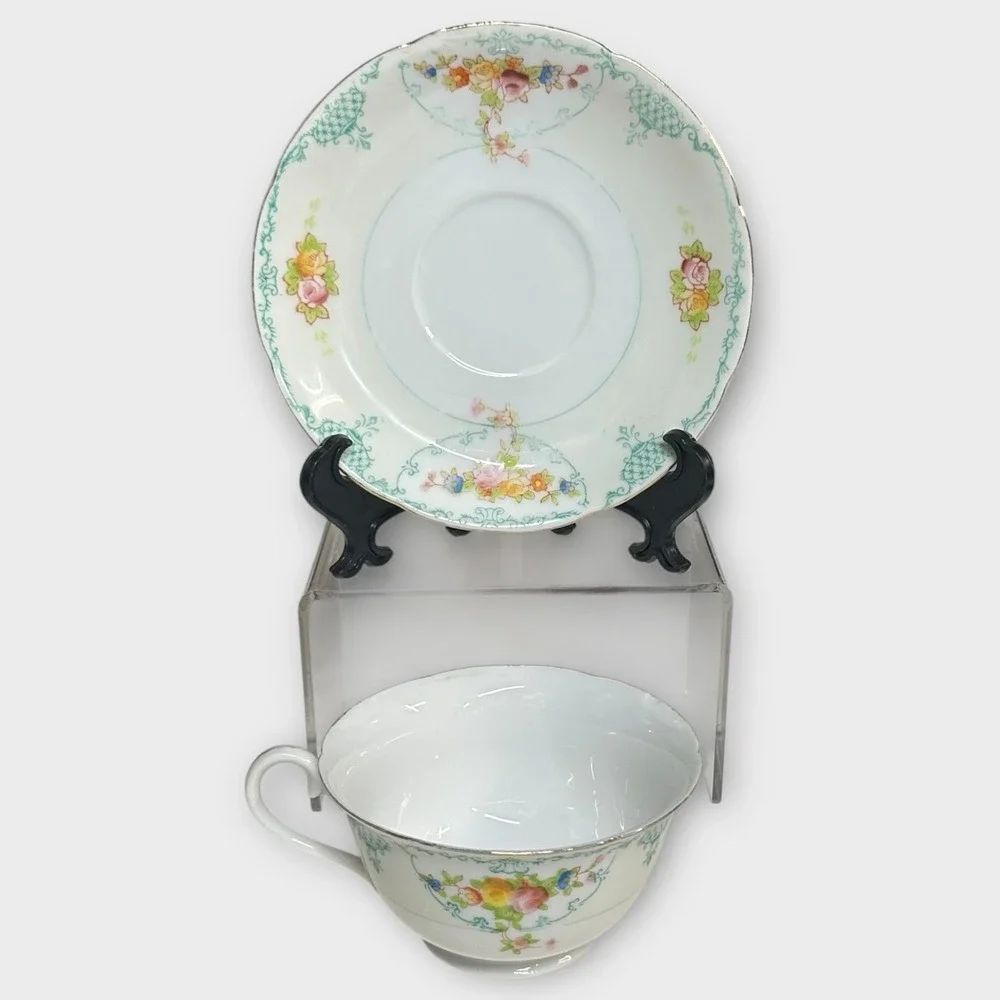 VTG Harco Japan Tea Cup & Saucer SET‎ OF 3 Hand Painted Floral Lattice Porcelain